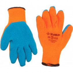 Утепленные, акриловые перчатки с рельефным латексным покрытием Зубр ЭКСПЕРТ 10 класс, сигнальный цвет, р.S-M 11465-S