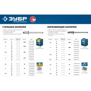 Нержавеющие заклепки ЗУБР 3.2 x 10 мм 313166-32-10