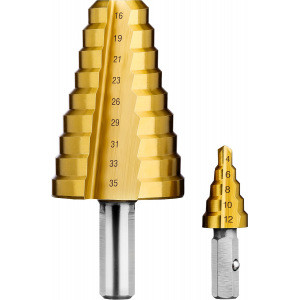 Сверло ступенчатое 2-х модульное Профессионал (4-35 мм; 14 ступеней; Р6М5; TIN) по сталям и цветным металлам ЗУБР 29673-4-35
