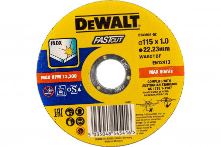 Круг отрезной по нержавеющей стали для быстрого реза (115x22.2x1 мм, тип 4) DEWALT DT43901
