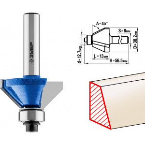 Фреза кромочная калевочная фасочная №9 ПРОФЕССИОНАЛ (30.2х13х56.5 мм; угол 45 град; хвостовик 8 мм) Зубр 28711-30.2