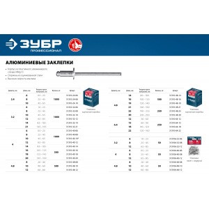 Алюминиевые заклепки Зубр Профессионал 4.8х12 мм, 50 шт. 313106-48-12